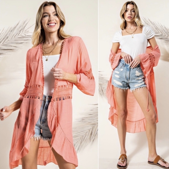 Last ONE! Stunning Kimono in a Beautiful Coral w/Gorgeous Lace Crochet Detail - Picture 2 of 6